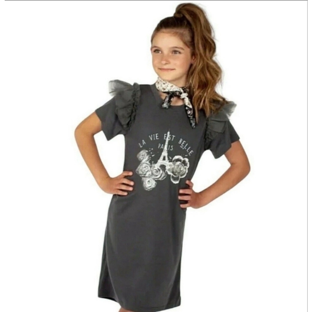 Joyfolie charcoal PEYTON Tee DRESS with Silver Eiffel Tower Design